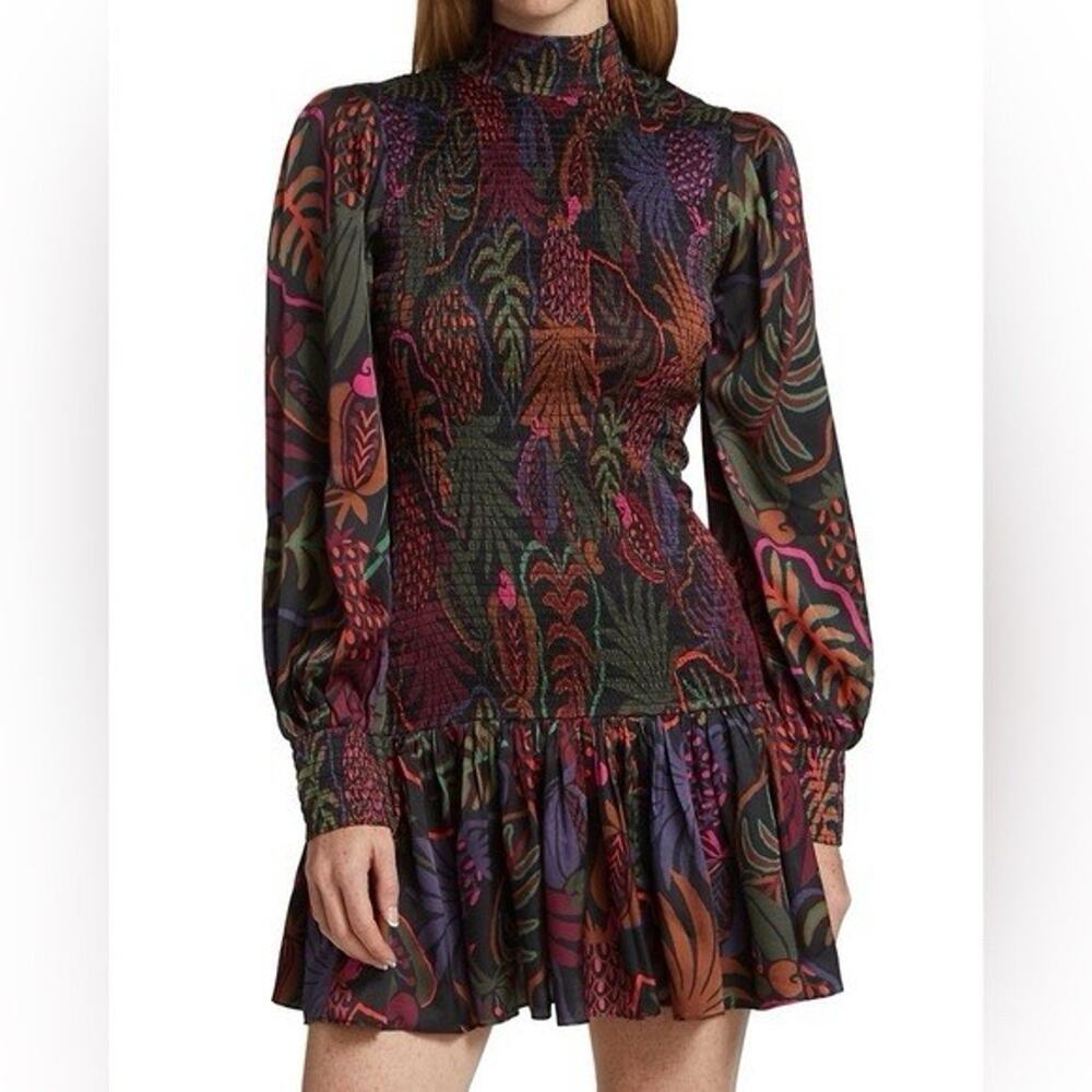 FARM Rio Fruits Dream Smocked puff sleeve mock neck minidress Printed size xs